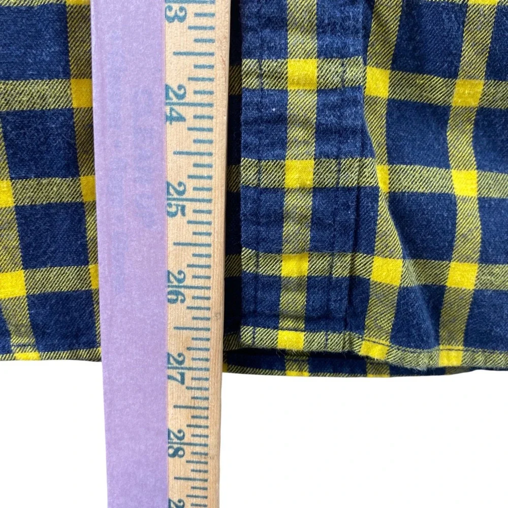 Banana Republic Mens Luxe Flannel Shirt Navy Yellow‎ Plaid Untucked Slim Fit L
